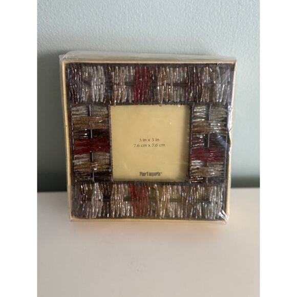 Pier 1 Imports Vtg Gold Silver Red 3x3" Beaded Tabletop Desk Picture Frame- New - Picture 3 of 4